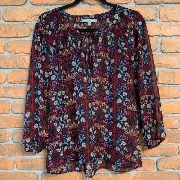 Daniel Rainn Anthropologie Floral Print Boho Sheer Long Sleeve Blouse Black - M - Picture 1 of 4